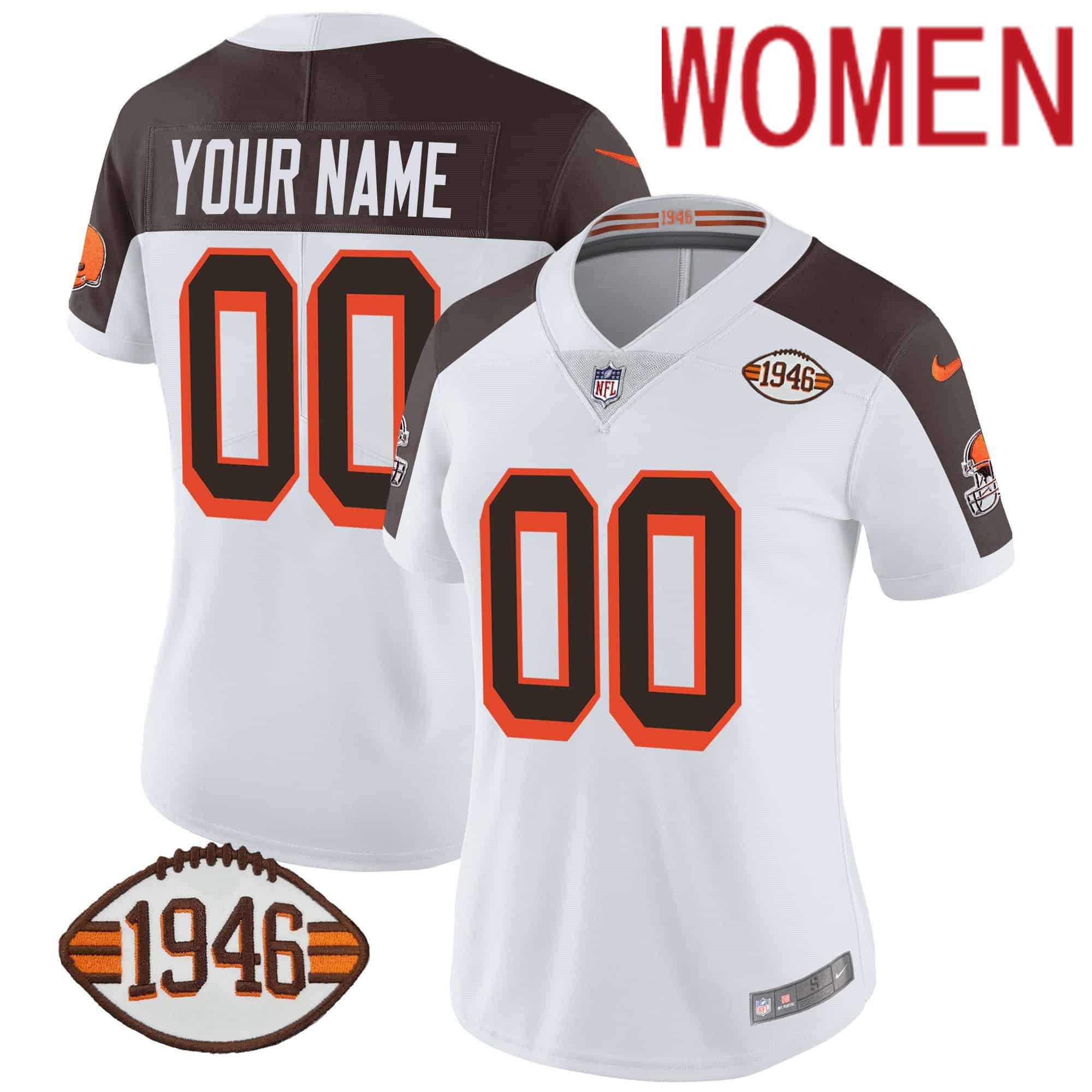 Women Cleveland Browns White 1946 75th Anniversary Patch Custom 2024 Nike NFL Jersey style 1
